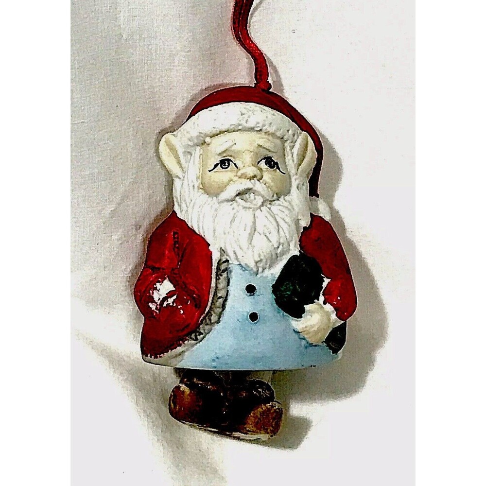 Vintage Santa Claus Elf Gnome Bell Christmas Ornament Porcelain Bisque Sing 3.5"